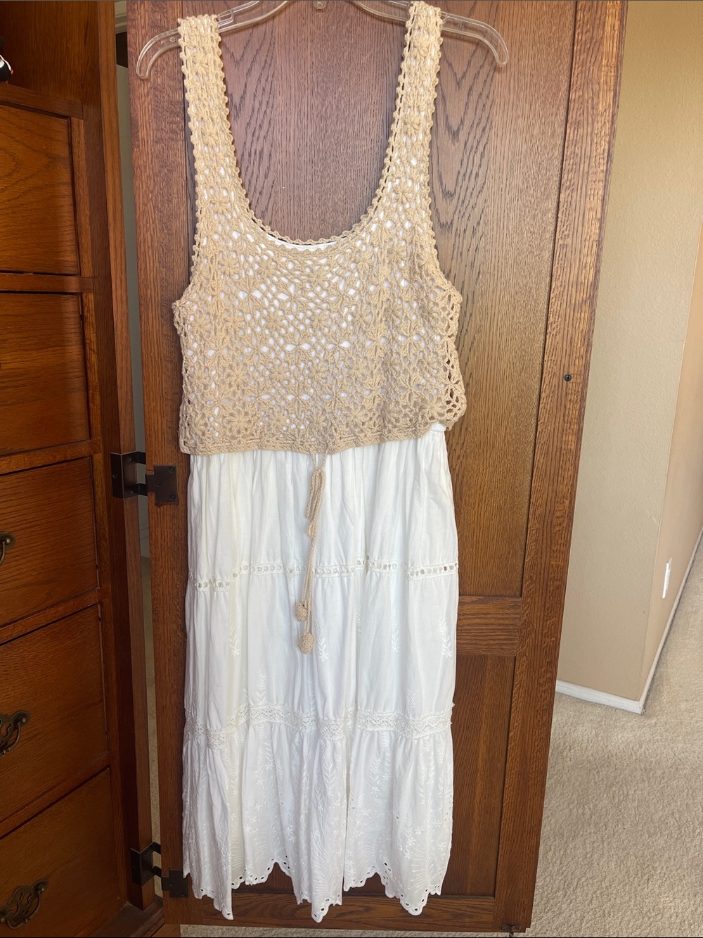 Anthropologie Cream Maxi Dress with Beige Crochet Top - Picture 4 of 4